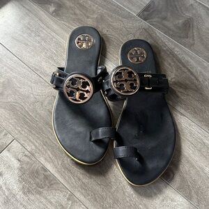 Tory Burch Black Sandals with Gold Accents